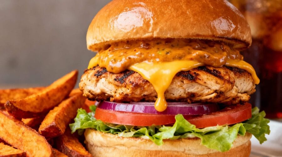Grilled chipotle chicken burger with cheddar cheese, smoky chipotle sauce, lettuce, tomato, onion, and brioche bun served with sweet potato fries.