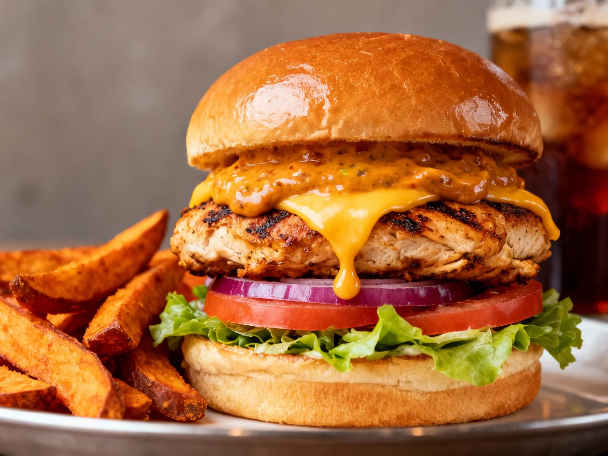 Grilled chipotle chicken burger with cheddar cheese, smoky chipotle sauce, lettuce, tomato, onion, and brioche bun served with sweet potato fries.