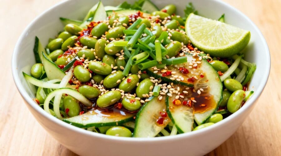 Spicy cucumber edamame salad with sesame seeds, chili flakes, soy dressing, and lime wedge in a white bowl.