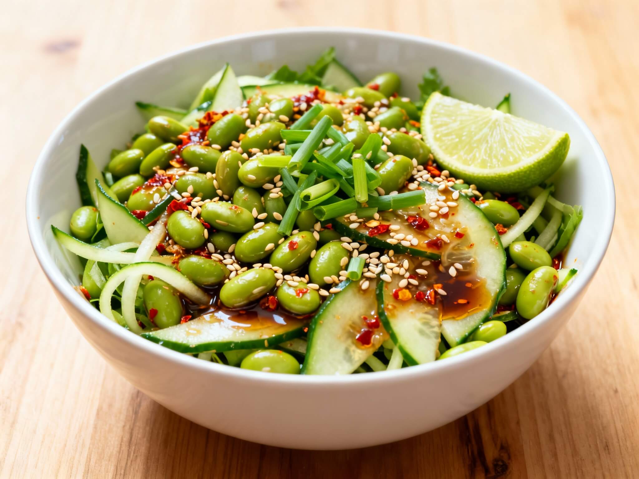 Spicy cucumber edamame salad with sesame seeds, chili flakes, soy dressing, and lime wedge in a white bowl.