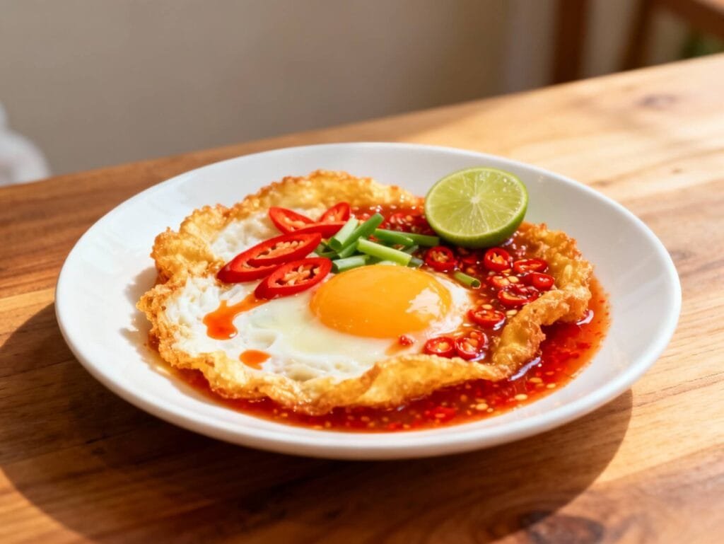 Crispy fried egg with tangy chili sauce, lime, and fresh chili slices served on a white plate.