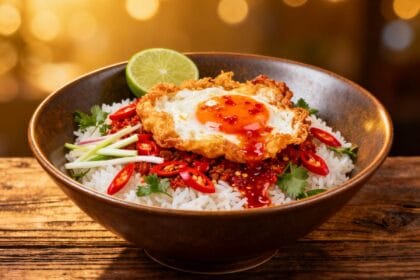 Crispy fried egg served over rice with chili sauce, lime, fresh herbs, and sliced red chili.