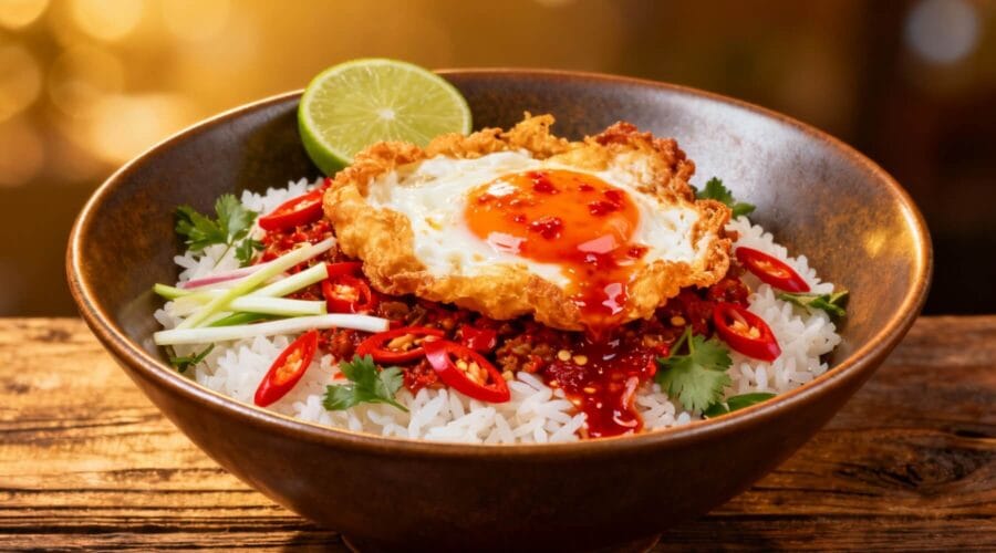 Crispy fried egg served over rice with chili sauce, lime, fresh herbs, and sliced red chili.