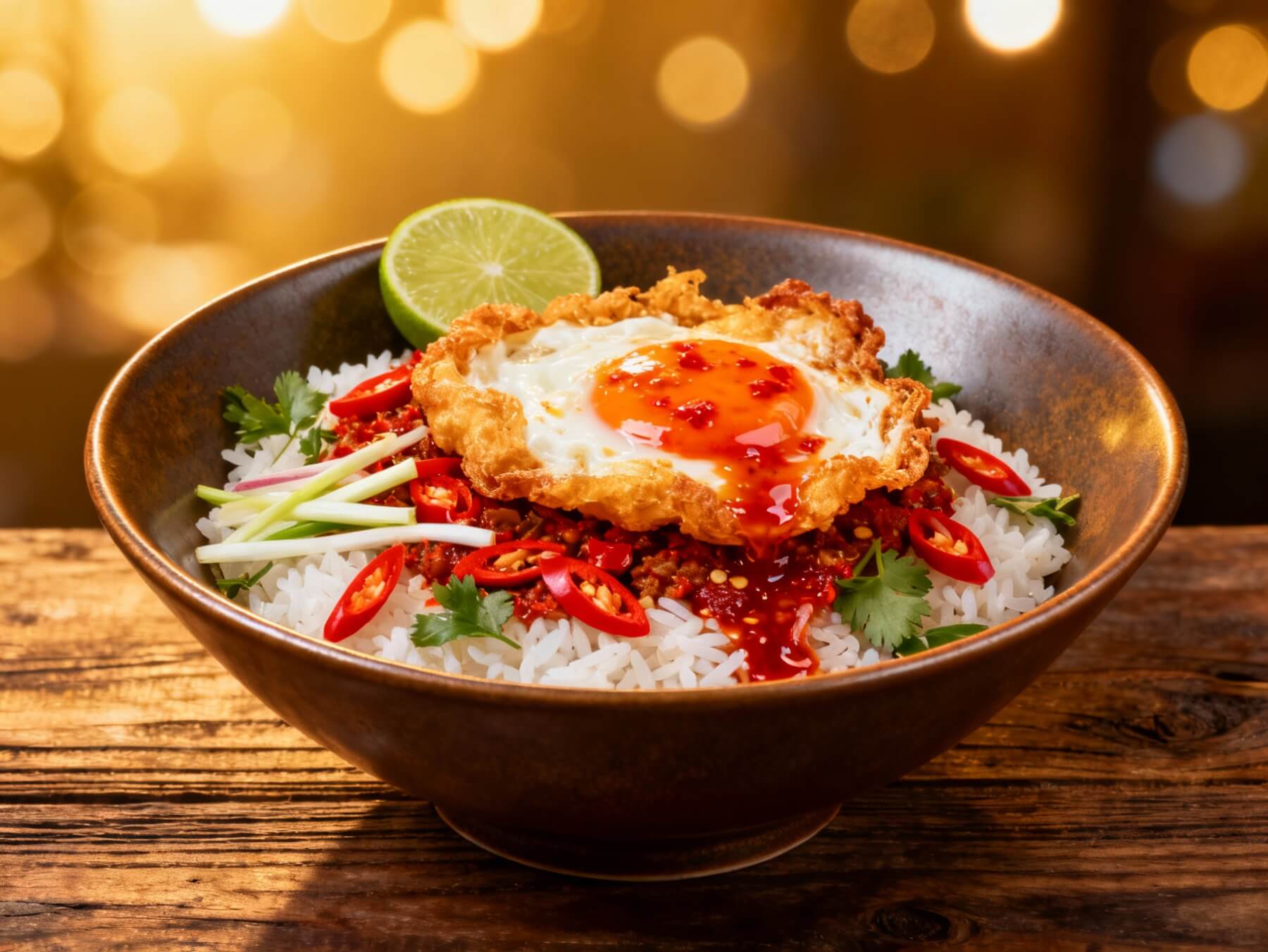 Crispy fried egg served over rice with chili sauce, lime, fresh herbs, and sliced red chili.