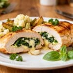 Stuffed chicken breast with melted cheese and garlic spinach filling served with cauliflower and herbs.
