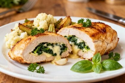 Stuffed chicken breast with melted cheese and garlic spinach filling served with cauliflower and herbs.