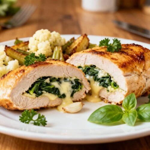 Stuffed chicken breast with melted cheese and garlic spinach filling served with cauliflower and herbs.