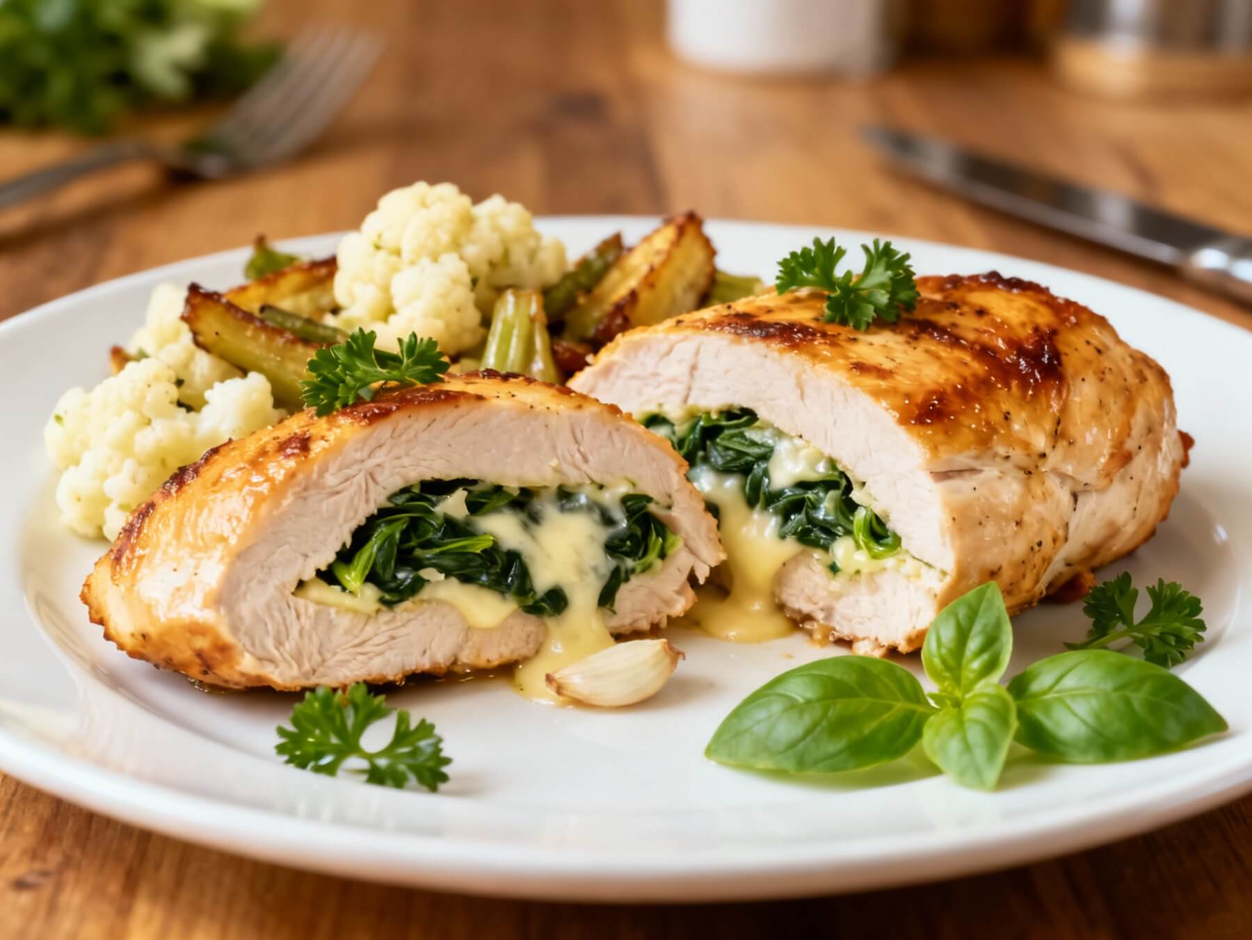 Stuffed chicken breast with melted cheese and garlic spinach filling served with cauliflower and herbs.