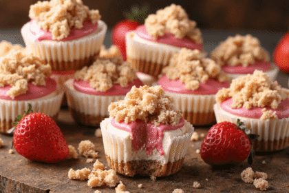 Strawberry cheesecake crunch bites with creamy filling, graham cracker crust, and crunchy strawberry topping displayed on a rustic wooden surface with fresh strawberries.