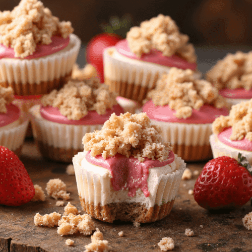 Strawberry cheesecake crunch bites with creamy filling, graham cracker crust, and crunchy strawberry topping displayed on a rustic wooden surface with fresh strawberries.