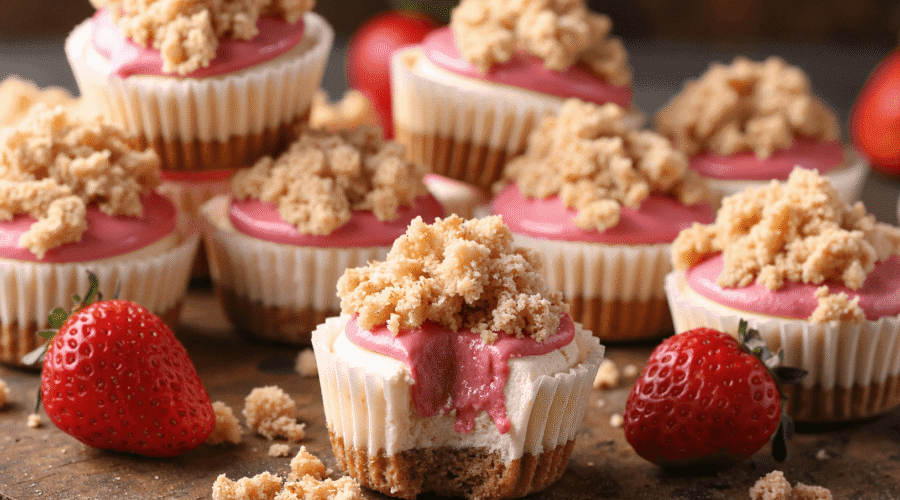 Strawberry cheesecake crunch bites with creamy filling, graham cracker crust, and crunchy strawberry topping displayed on a rustic wooden surface with fresh strawberries.