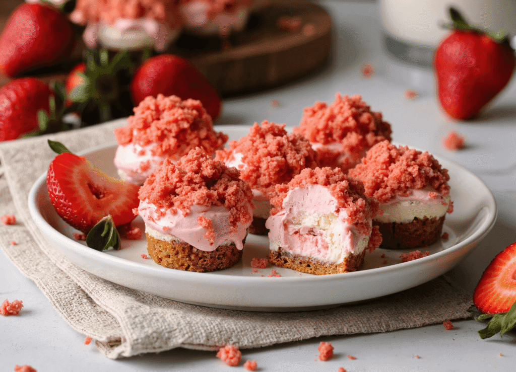 Strawberry cheesecake crunch bites on a white plate, showing creamy cheesecake filling, strawberry swirl, and crumbly topping with fresh strawberry garnish.