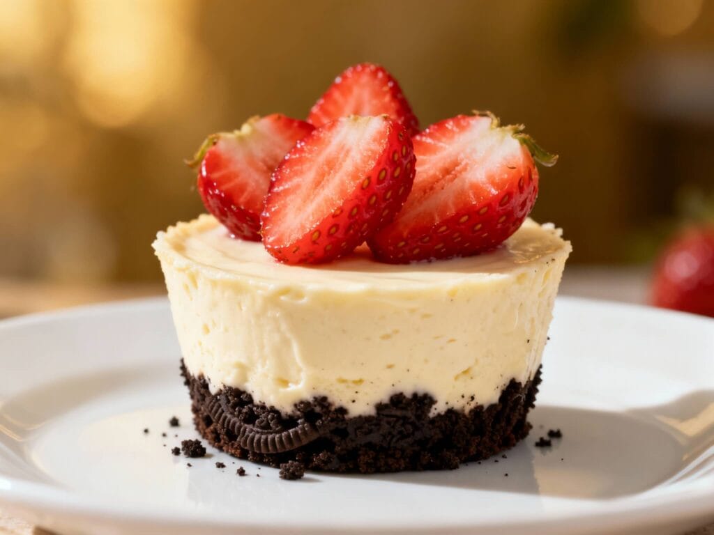No-bake Strawberry Oreo Cheesecake Cup with Oreo crust, creamy cheesecake filling, and fresh strawberries on top.