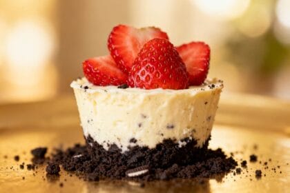 No-bake mini Oreo cheesecake cup topped with sliced strawberries and surrounded by Oreo crumbs.