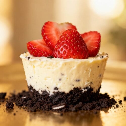 No-bake mini Oreo cheesecake cup topped with sliced strawberries and surrounded by Oreo crumbs.