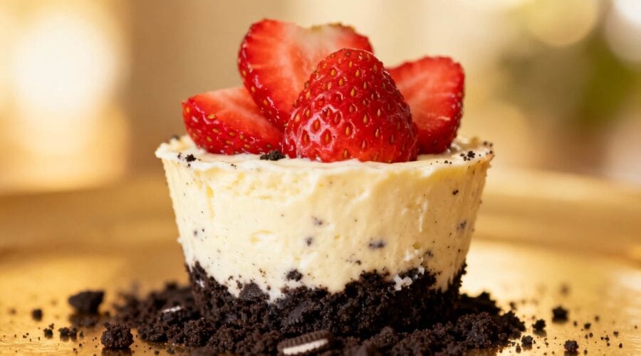 No-bake mini Oreo cheesecake cup topped with sliced strawberries and surrounded by Oreo crumbs.