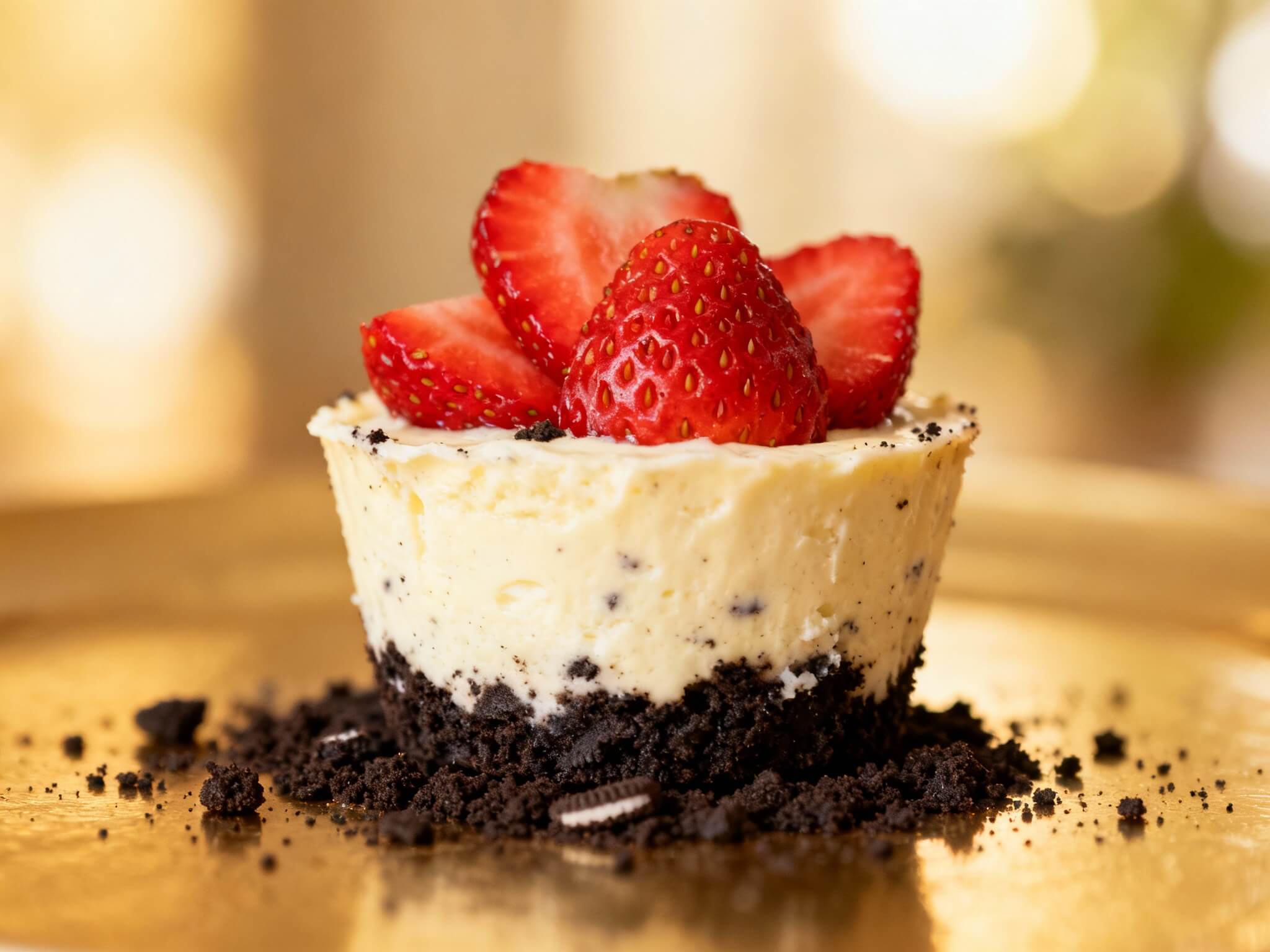 No-bake mini Oreo cheesecake cup topped with sliced strawberries and surrounded by Oreo crumbs.