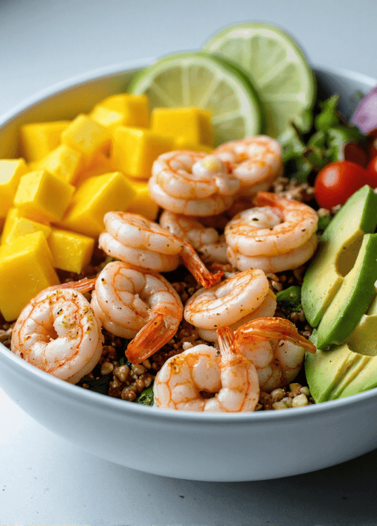 Tropical shrimp avocado mango salad bowl with diced mango, avocado slices, shrimp, lime, and quinoa.