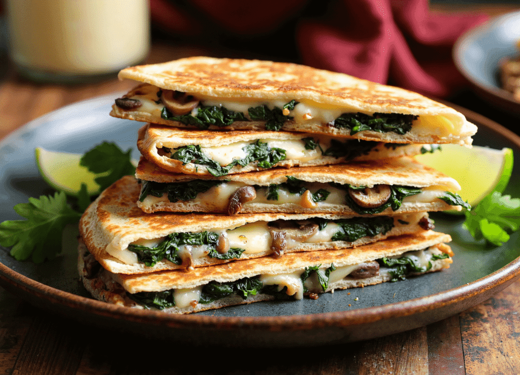 Stack of baked spinach mushroom quesadillas with gooey cheese, fresh spinach, and mushrooms on a rustic plate.
