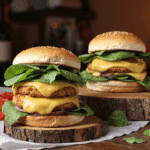 Juicy white cheddar and spinach chicken burger stacked with melted cheese, fresh spinach, and sesame seed bun.