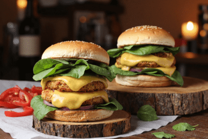 Juicy white cheddar and spinach chicken burger stacked with melted cheese, fresh spinach, and sesame seed bun.