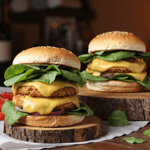 Juicy white cheddar and spinach chicken burger stacked with melted cheese, fresh spinach, and sesame seed bun.