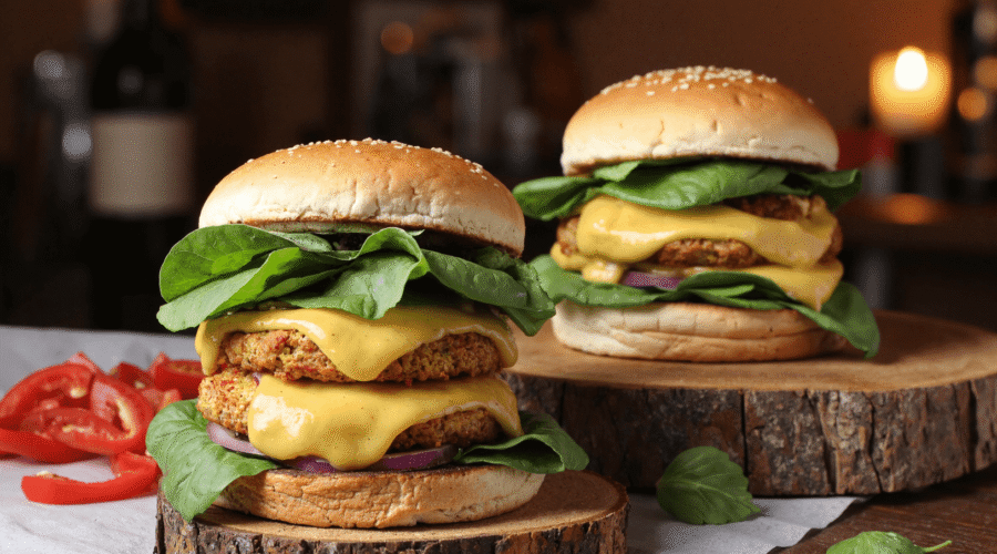 Juicy white cheddar and spinach chicken burger stacked with melted cheese, fresh spinach, and sesame seed bun.