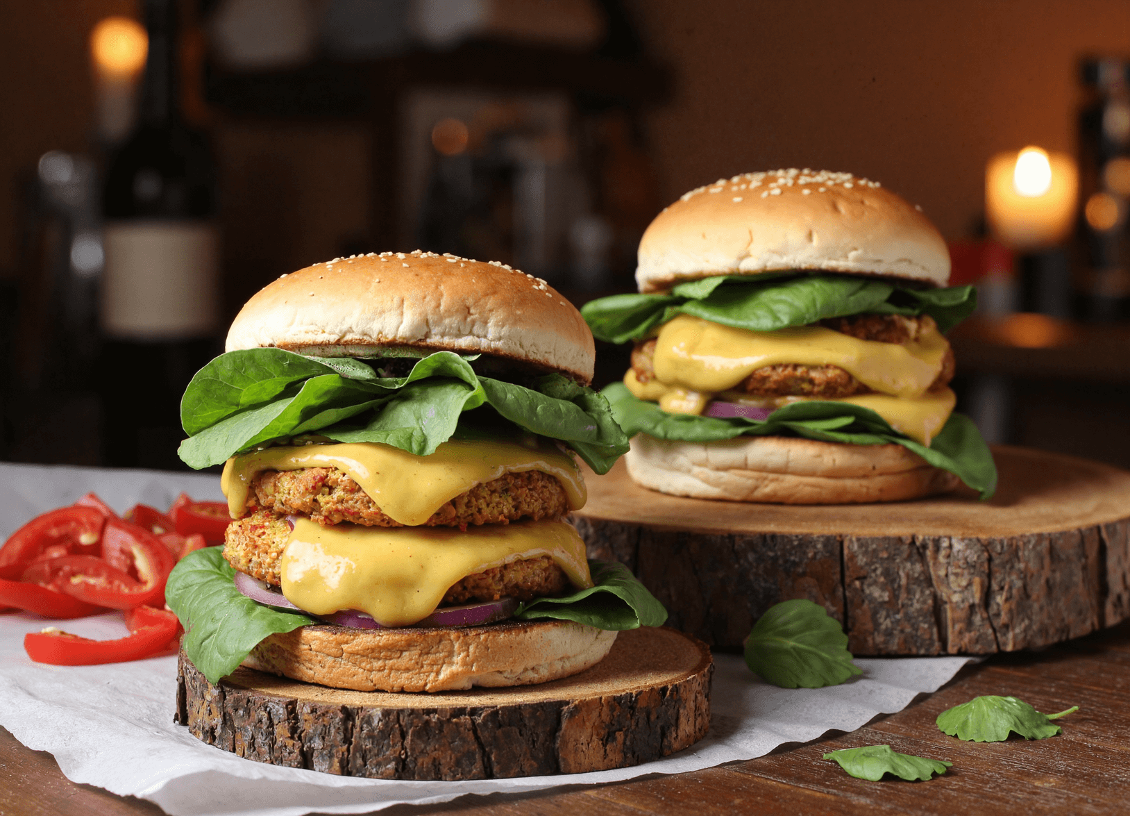 Juicy white cheddar and spinach chicken burger stacked with melted cheese, fresh spinach, and sesame seed bun.