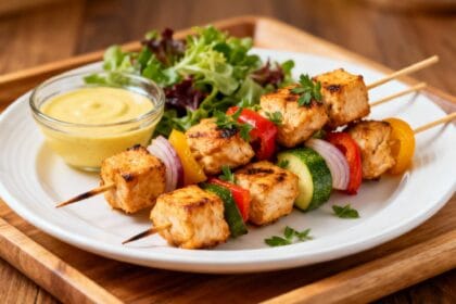 Plate of air fryer chicken kabobs with fresh greens and dipping sauce, ready for a nutritious dinner or meal prep container.