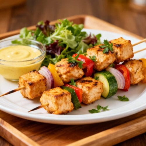 Plate of air fryer chicken kabobs with fresh greens and dipping sauce, ready for a nutritious dinner or meal prep container.