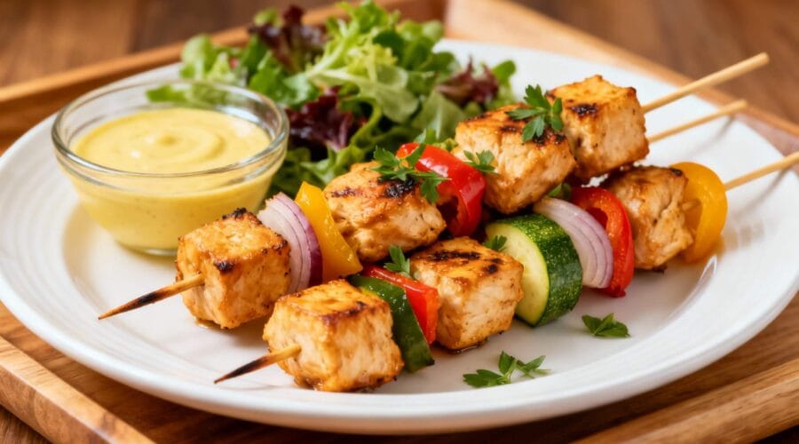Plate of air fryer chicken kabobs with fresh greens and dipping sauce, ready for a nutritious dinner or meal prep container.