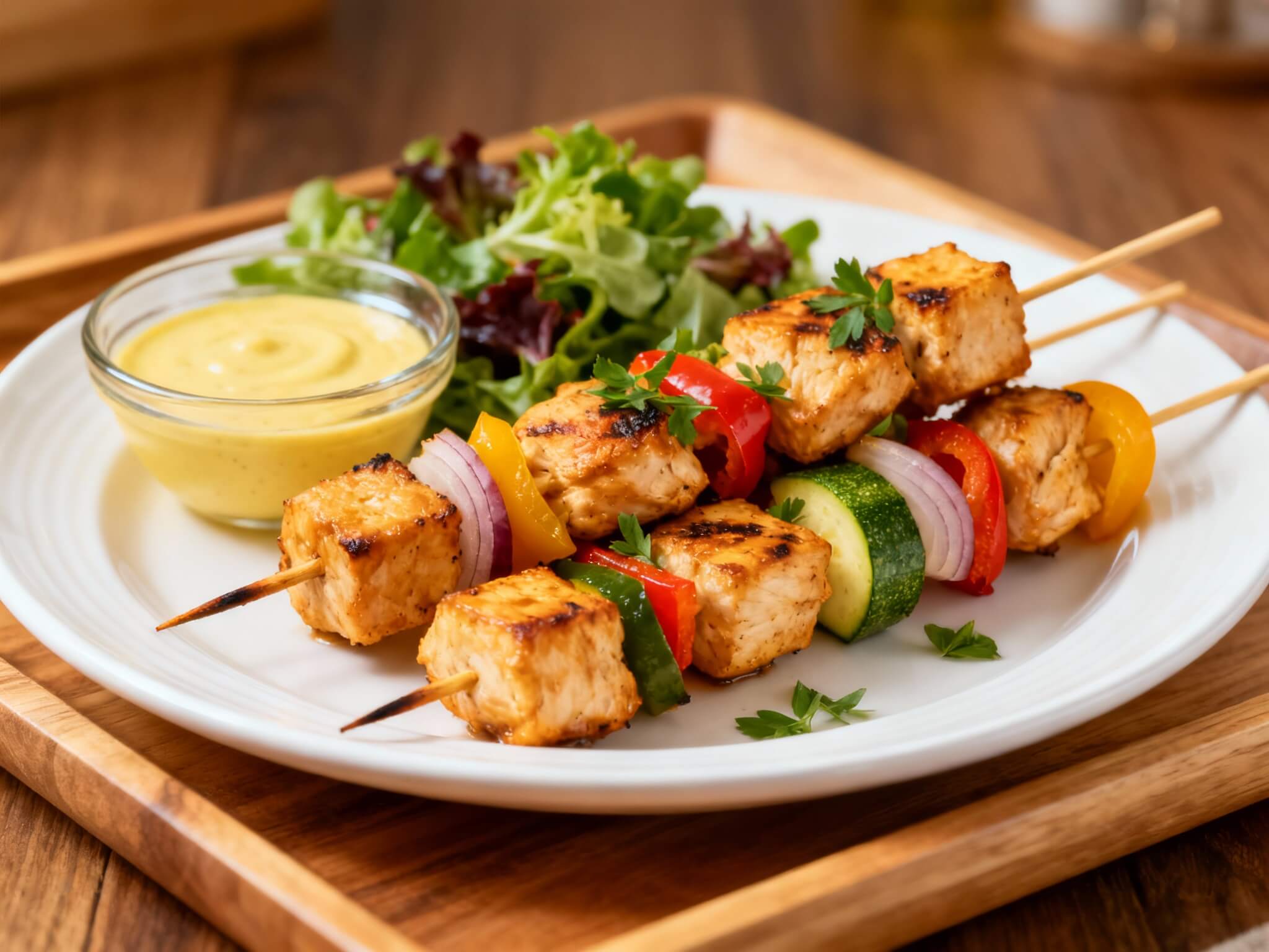 Plate of air fryer chicken kabobs with fresh greens and dipping sauce, ready for a nutritious dinner or meal prep container.