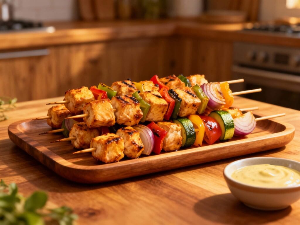 Wooden tray filled with juicy air fryer chicken kabobs, grilled to golden perfection and paired with colorful vegetables like bell peppers, zucchini, and red onion.