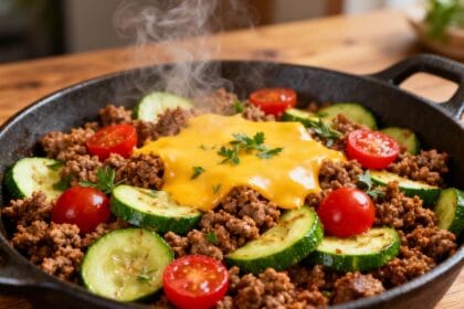 Hot skillet with ground beef, zucchini slices, cherry tomatoes, and melted cheddar cheese, garnished with thyme and parsley.