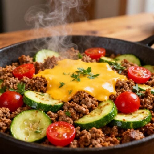Hot skillet with ground beef, zucchini slices, cherry tomatoes, and melted cheddar cheese, garnished with thyme and parsley.