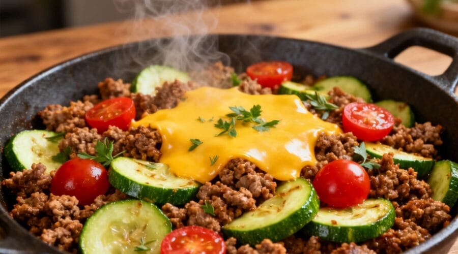 Hot skillet with ground beef, zucchini slices, cherry tomatoes, and melted cheddar cheese, garnished with thyme and parsley.