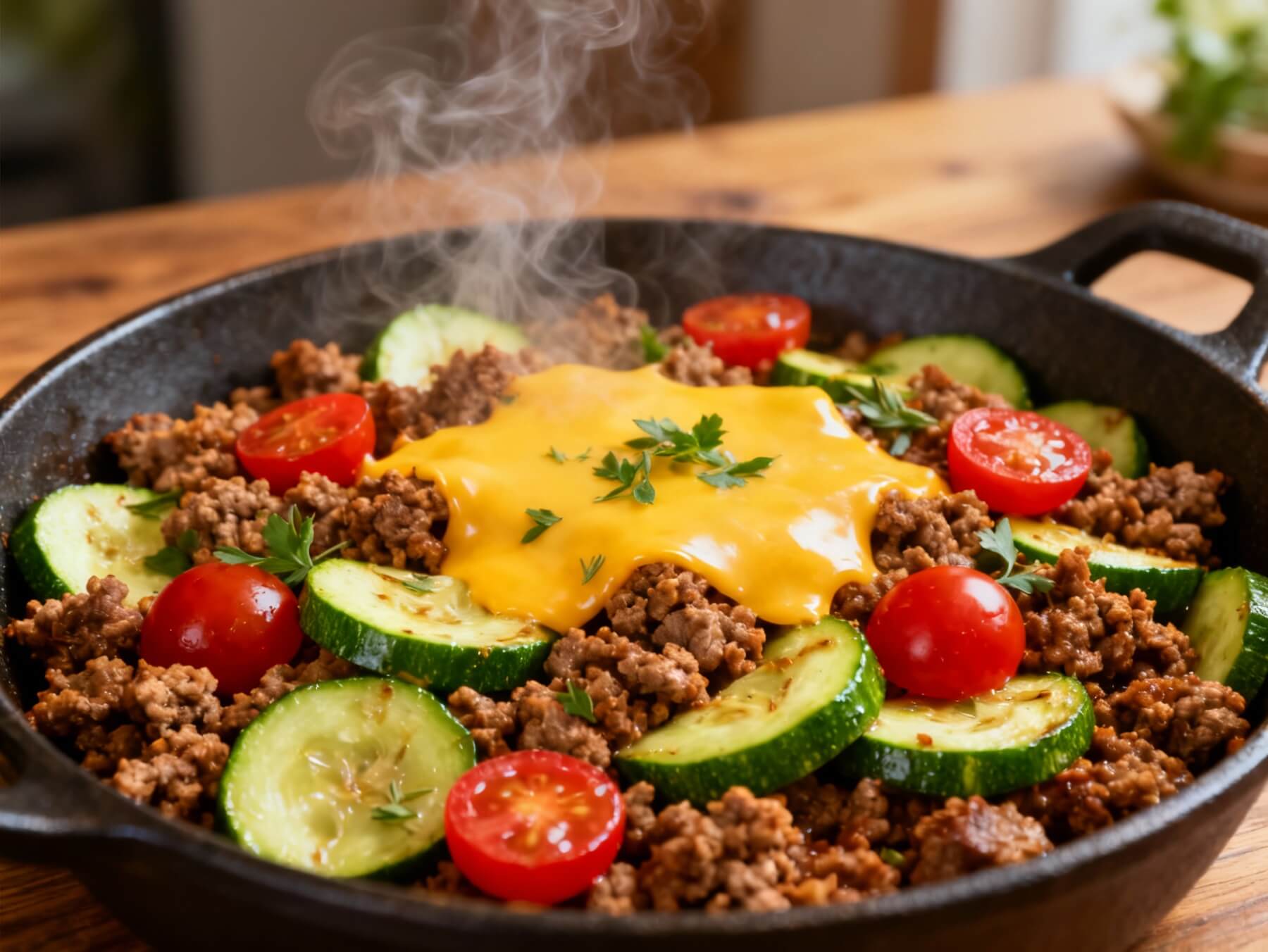 Hot skillet with ground beef, zucchini slices, cherry tomatoes, and melted cheddar cheese, garnished with thyme and parsley.
