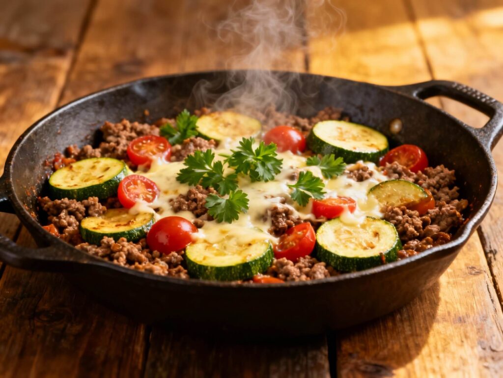 Skillet with sautéed zucchini, ground beef, cherry tomatoes, and melted mozzarella, garnished with parsley on a rustic wooden table.