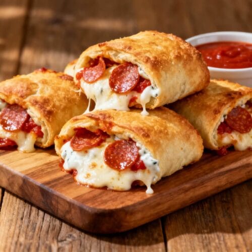 Stacked pepperoni pizza rolls on a wooden board showing melted mozzarella cheese, tomato sauce, and crispy golden crust, served with a bowl of marinara dipping sauce.