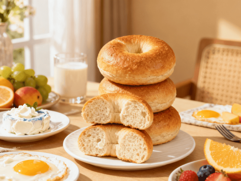 Freshly baked high-protein bagels made with Greek yogurt and whey protein, stacked on a breakfast table with eggs, fruit, and cream cheese.