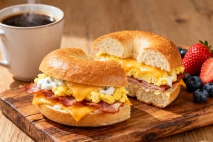 Breakfast bagel sandwich filled with scrambled eggs, melted cheese, crispy bacon, and creamy spread served with coffee and berries.
