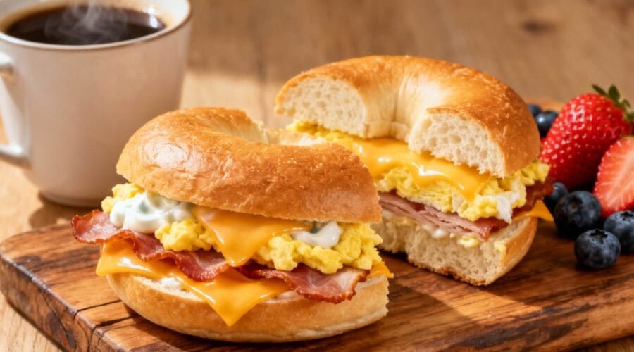 Breakfast bagel sandwich filled with scrambled eggs, melted cheese, crispy bacon, and creamy spread served with coffee and berries.
