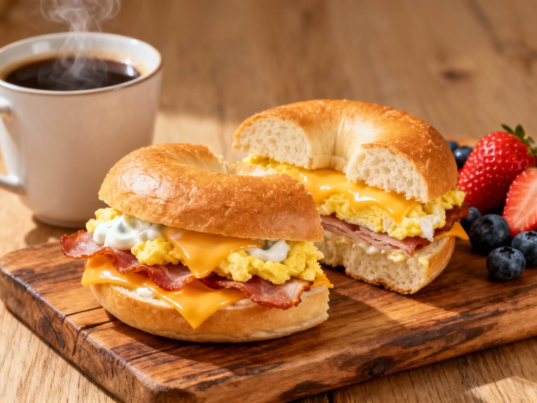 Breakfast bagel sandwich filled with scrambled eggs, melted cheese, crispy bacon, and creamy spread served with coffee and berries.