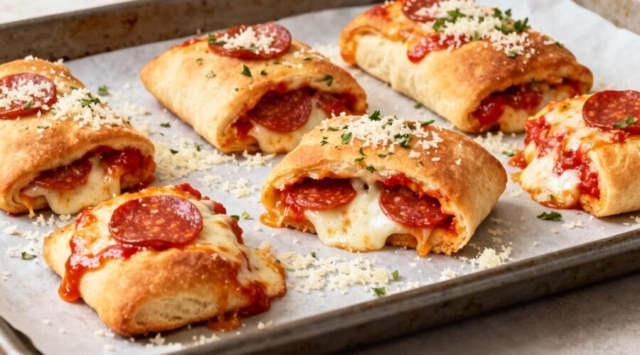 Golden-brown pepperoni pizza rolls filled with gooey mozzarella and lean protein, baked to perfection on a parchment-lined tray and topped with grated cheese and parsley.