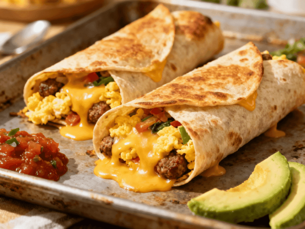 Two oven-baked breakfast burritos filled with eggs, sausage, peppers, and melted cheese, served on a baking tray with salsa and avocado slices.
