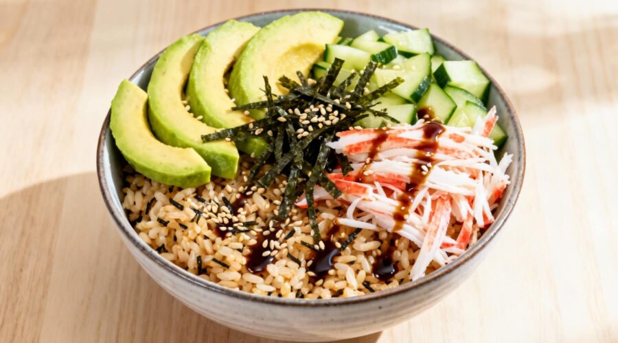 Sushi bowl with brown rice, avocado, cucumber, crab, seaweed, and sesame seeds drizzled with soy glaze.