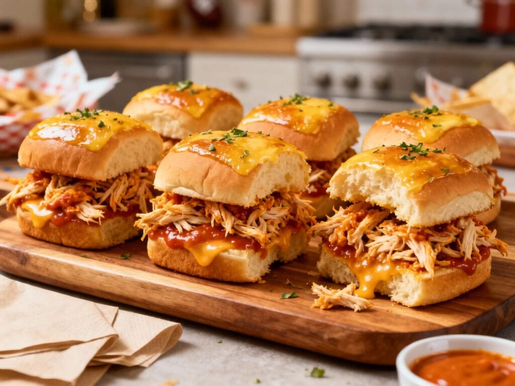 Wooden board of buffalo chicken sliders made with shredded chicken, melty cheese, and spicy sauce on Hawaiian rolls, ready to serve.
