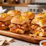 Wooden board of buffalo chicken sliders made with shredded chicken, melty cheese, and spicy sauce on Hawaiian rolls, ready to serve.