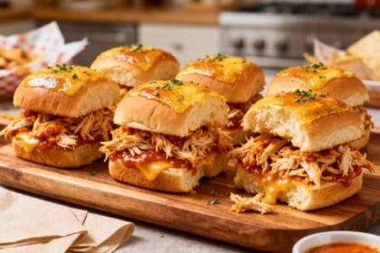 Wooden board of buffalo chicken sliders made with shredded chicken, melty cheese, and spicy sauce on Hawaiian rolls, ready to serve.