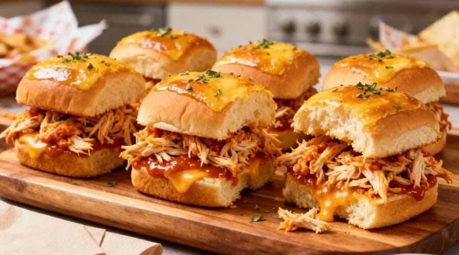 Wooden board of buffalo chicken sliders made with shredded chicken, melty cheese, and spicy sauce on Hawaiian rolls, ready to serve.